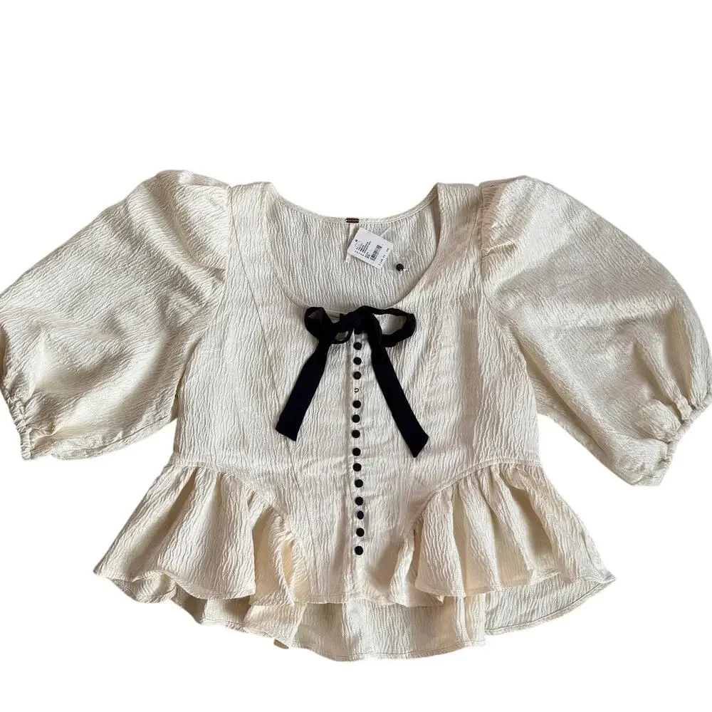 Free People NWT Cream Peplum Blouse Women's XL Textured Puff Sleeve Bow Top